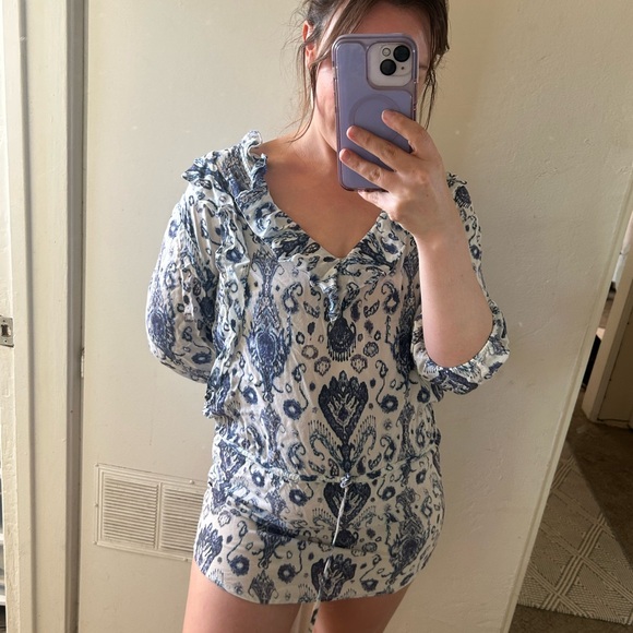 Tops - Blue & White Printed V-Neck Ruffle Mini Dress